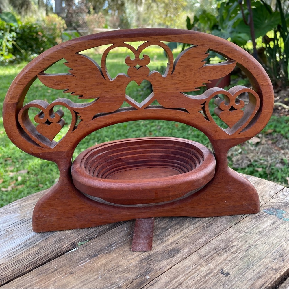 Wood Love Birds Basket Accordian Hand Carved Trivet Trinket Folding Collapsible